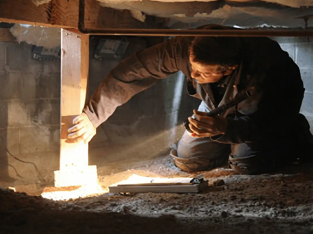 A professional inspecting wooden beams under the floor of a structure in Charlotte, NC